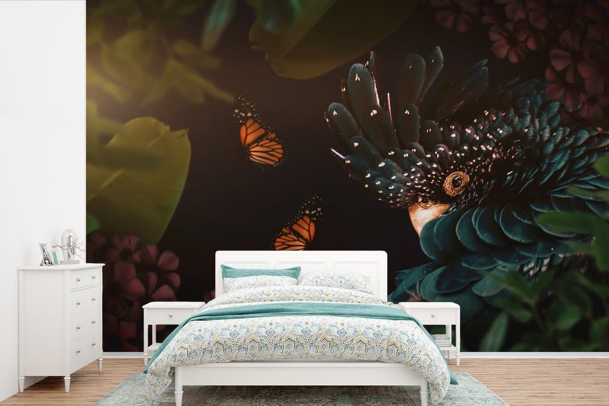 Behang - Fotobehang Jungle - Vogel - Vlinder - Bloemen - Breedte 330 cm x hoogte 220 cm