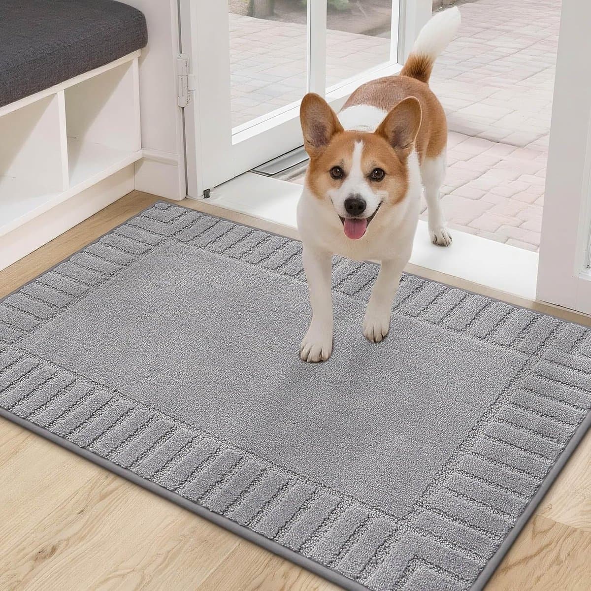 Deurmat voor buiten, antislip, voor binnen en buiten, vuilvangmat, wasbaar, absorberende deurmat, tapijt voor ingang, hal, tuin (lichtgrijs, 60 x 90 cm)