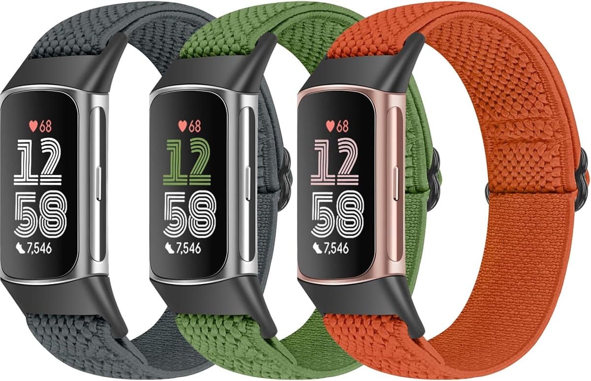 Bcuckood 3 stuks elastische armband, compatibel met Fitbit Charge 6/Charge 5 voor dames en heren, verstelbare nylon - ShopVlot