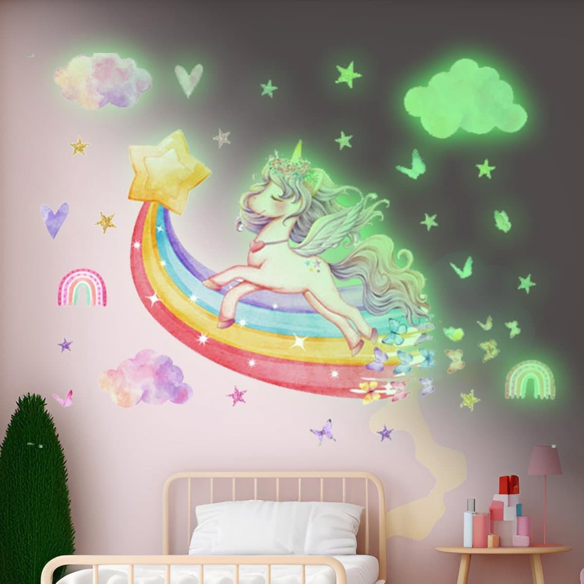Dailygoods - Regenboog, lichtgevende sticker, lichtgevende eenhoorn, in het donker, lichtgevende eenhoorn-muursticker, regenboog, eenhoorn, waterdicht, fluorescerende sticker, lichtgevende stickers voor