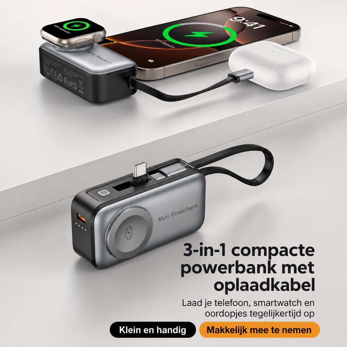 3-in-1 Mini Powerbank 5000mAh met MagSafe & Draadloos Opladen – USB-C – Compact Reisformaat – Voor iPhone, Apple Watch & AirPods