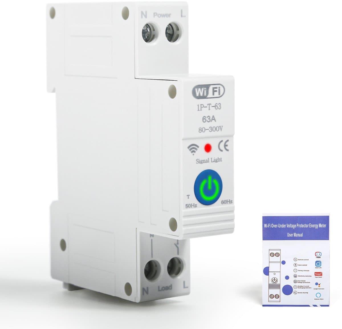 Tuya WiFi slimme installatieautomaat 1P - 63 A - 80-300 V AC - app- en spraakbediening