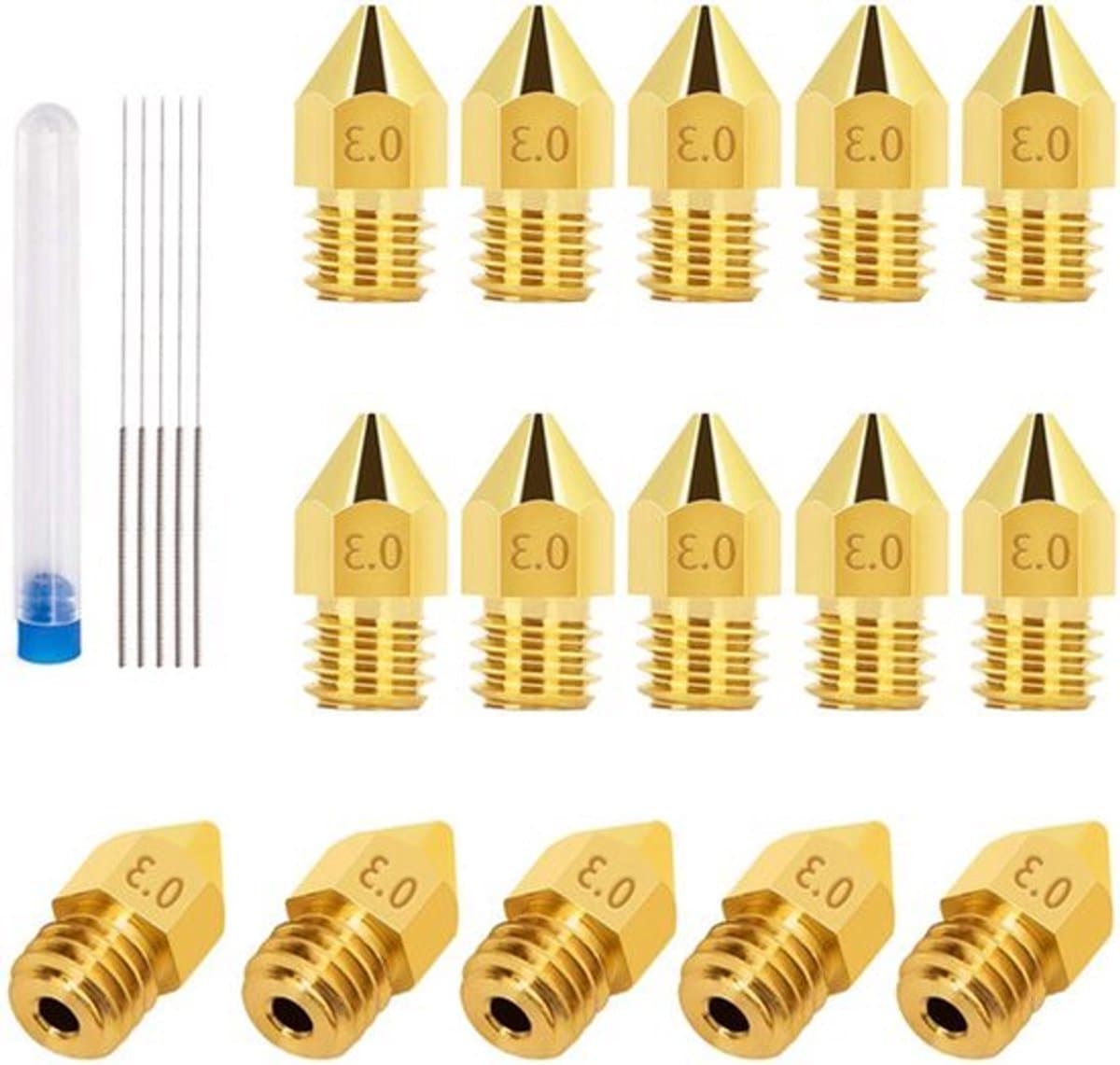 15 stuks 0.3 mm MK8 extruder nozzle + 5 stuks 0.25 mm roestvrijstalen naalden voor nozzle reiniging van 3D-printer
