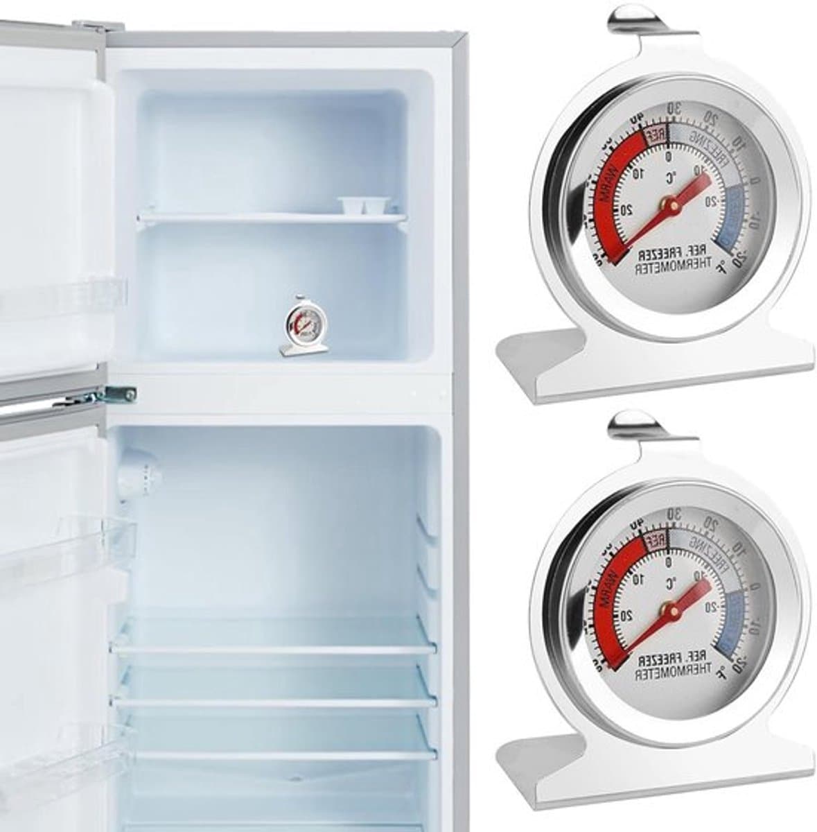 Set van 2 roestvrijstalen koelkastthermometers - Bereik van -30 °C tot 30 °C - Heldere wijzerplaat - Geschikt voor koelkast en vriezer