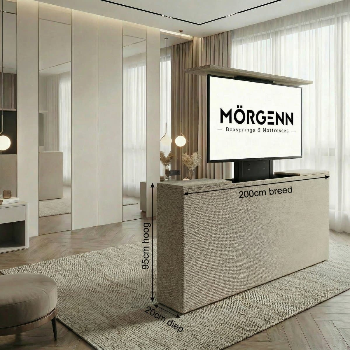 Mörgenn Gestoffeerd Voetbord met TV Lift - Tot 58 inch - Antraciet - 160x95 cm