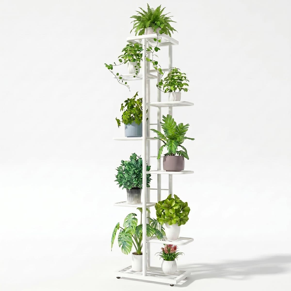 Aiverig® Plantenstandaard 8 Lagen – Plantenrek voor 9 Planten of Bloemen – Voor Binnen & Buiten – Voor Tuin, Balkon of Woonkamer – Modern Minimalistisch – Wit – 141 CM Hoog