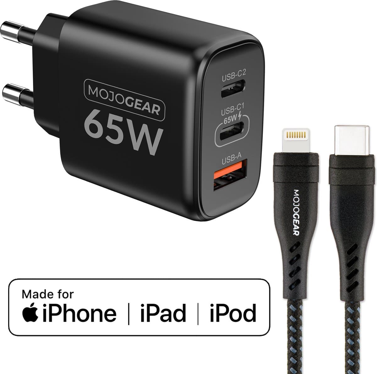 MOJOGEAR CHARGE+ iPhone oplader - 65 Watt snellader met Lightning naar USB-C kabel - Kabel van 15, meter — Geschikt voor snelladen iPhone 11/12/13/14 via USB Power Delivery — Laptop/Smartphone/Tablet oplader met 2x USB-C en 1x USB — Zwart