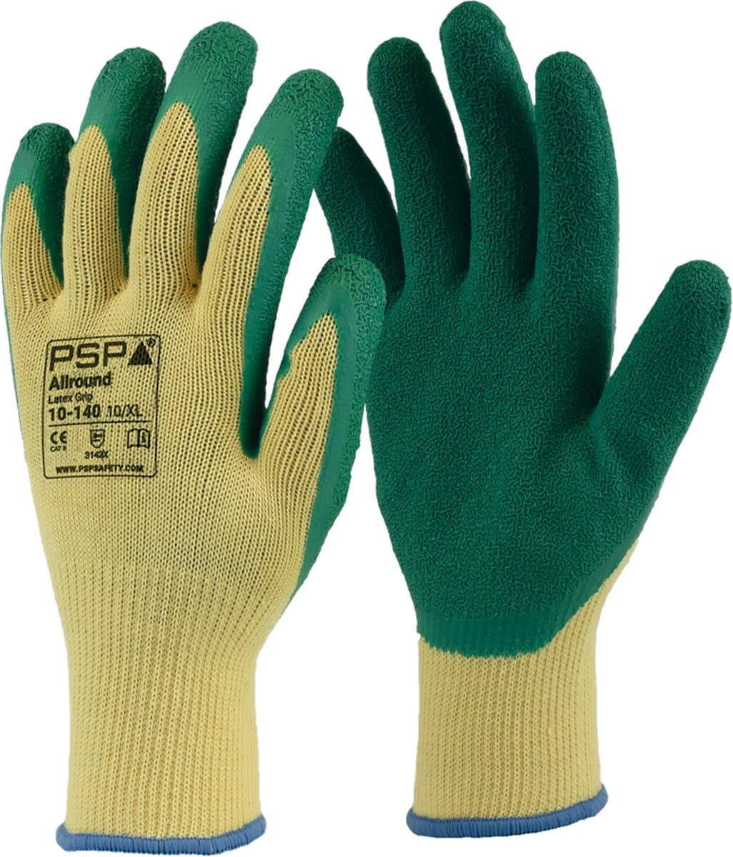 1x 12 paar - Werkhandschoenen PSP 10-140 Allround Latex, Groen/Geel (per 12 paar), maat 11