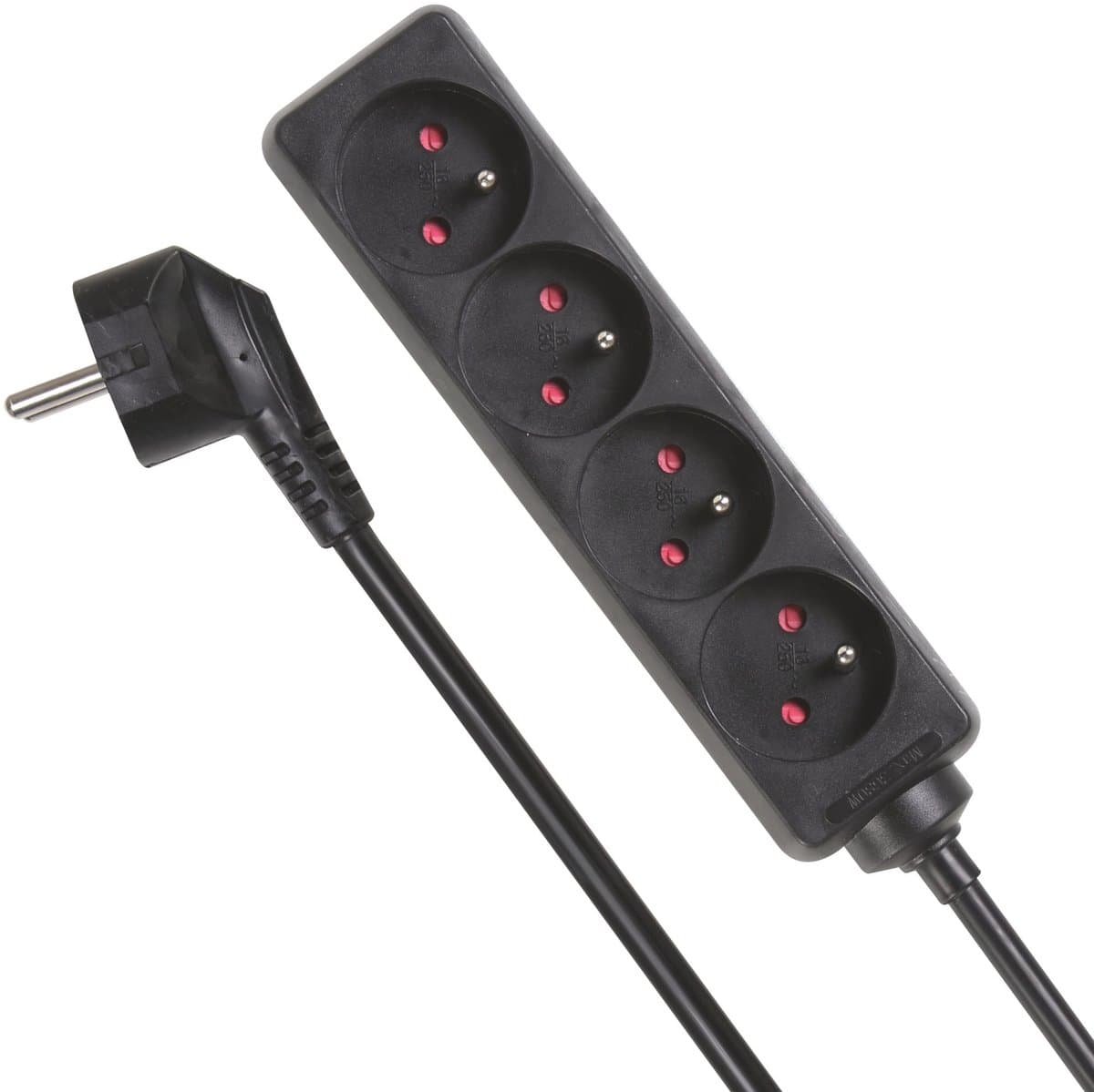 Perel Stekkerdoos, 4 stopcontacten met penaarde (type E), kabel 5 m, 3G1.5, gebruik binnenshuis, zwart