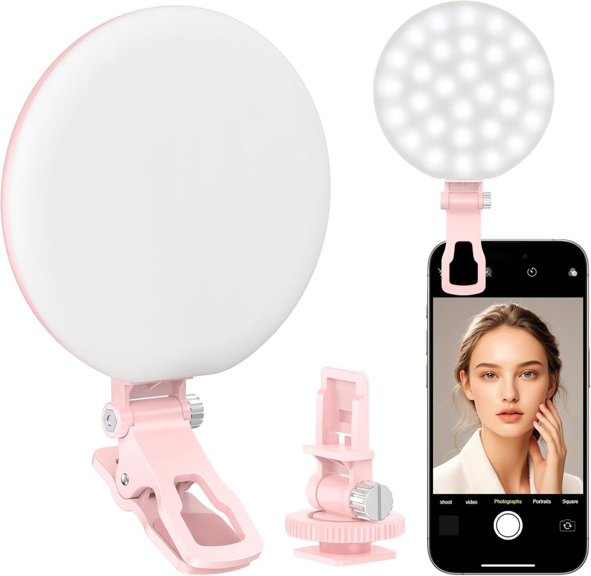 60 LED Ringlamp - Oplaadbare Selfie Lamp met Voor- en Achterclip - Verstelbare 3 Lichtmodi - Kleurtemperatuur 2500-6500K - Draagbare Telefoonlamp voor iPhone, iPad, Tablet, Laptop - CRI97+ - 90g - Roze