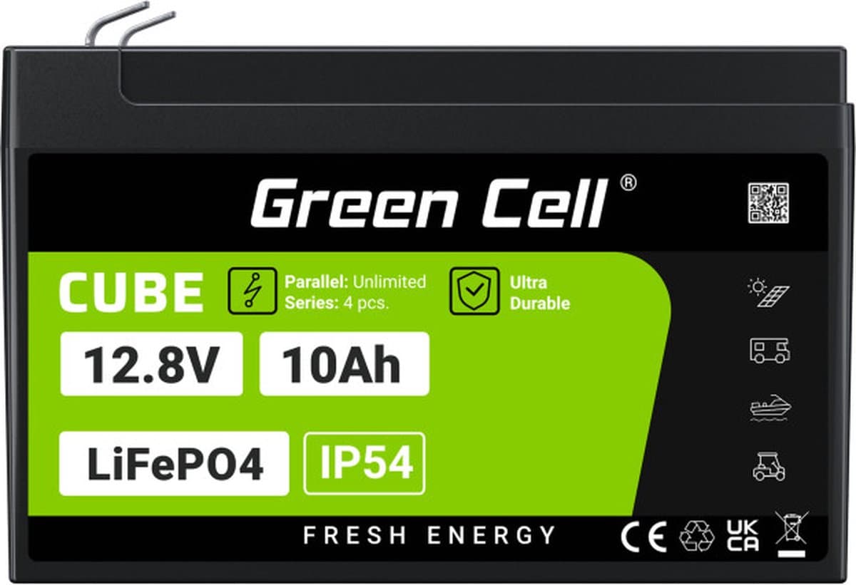 Green Cell CUBE 12.8V 10Ah LiFePO4 155x100x100mm IP54 accu voor zonnepanelen en campers