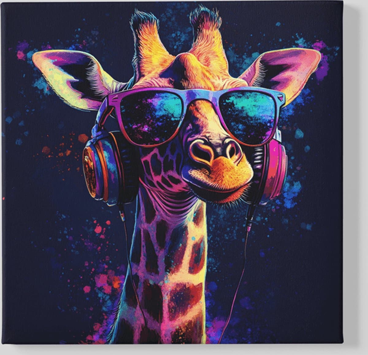 Vierkant Canvas Schilderij - Dieren - Giraffe met Koptelefoon - 60x60x2 cm