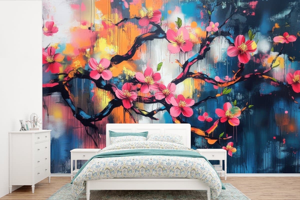Behang - Fotobehang Bloemen - Tak - Artistiek - Roze - Breedte 450 cm x hoogte 300 cm