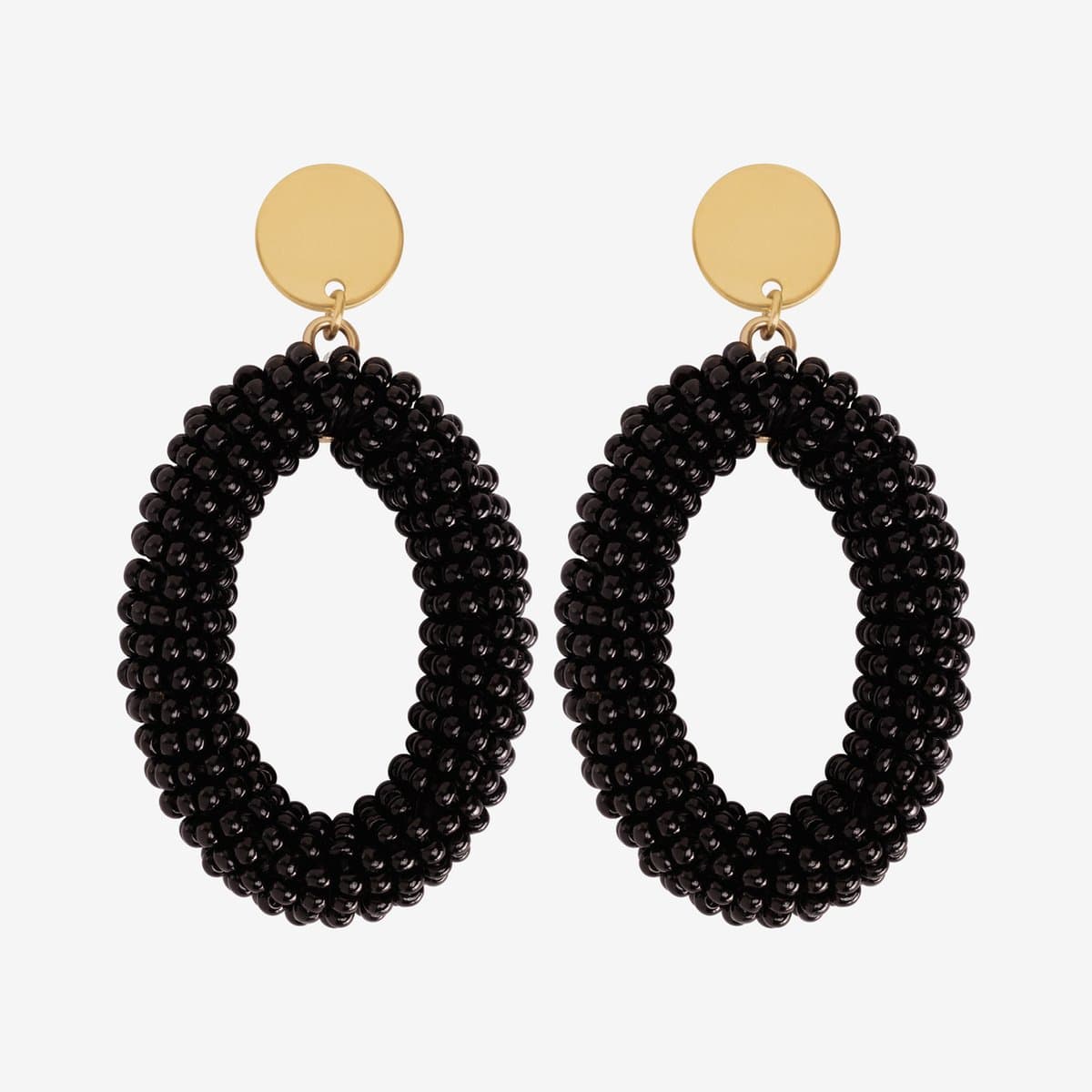 Eleganza Black Beads Oval Earrings Gold