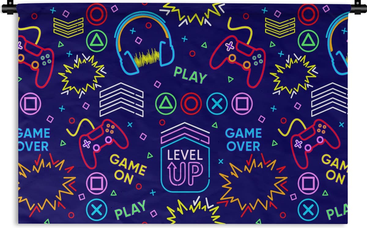 Wandkleed - Wanddoek - Gaming - Neon - Koptelefoon - Design - 90x60 cm - Wandtapijt
