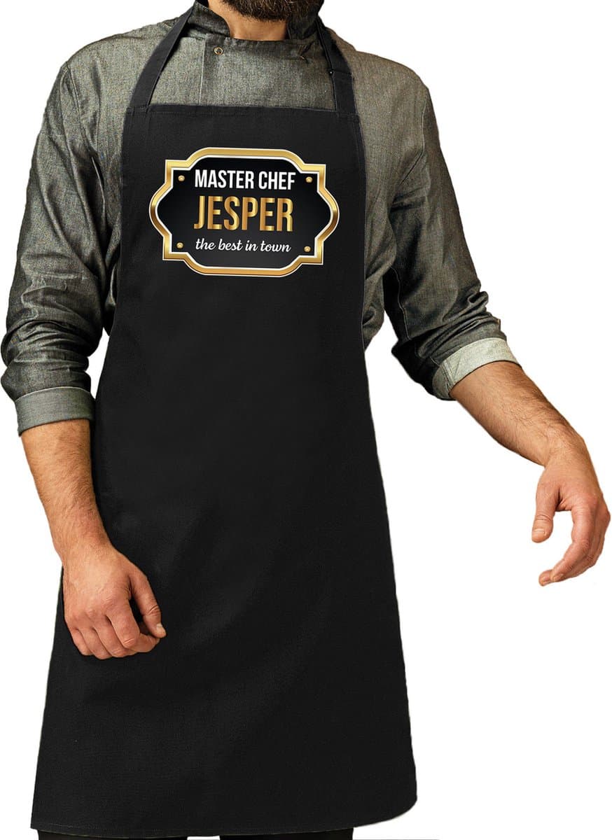 Naam cadeau master chef Jesper - keukenschort - zwart - bbq schort cadeau - heren - vaderdag - verjaardag - Pensioen