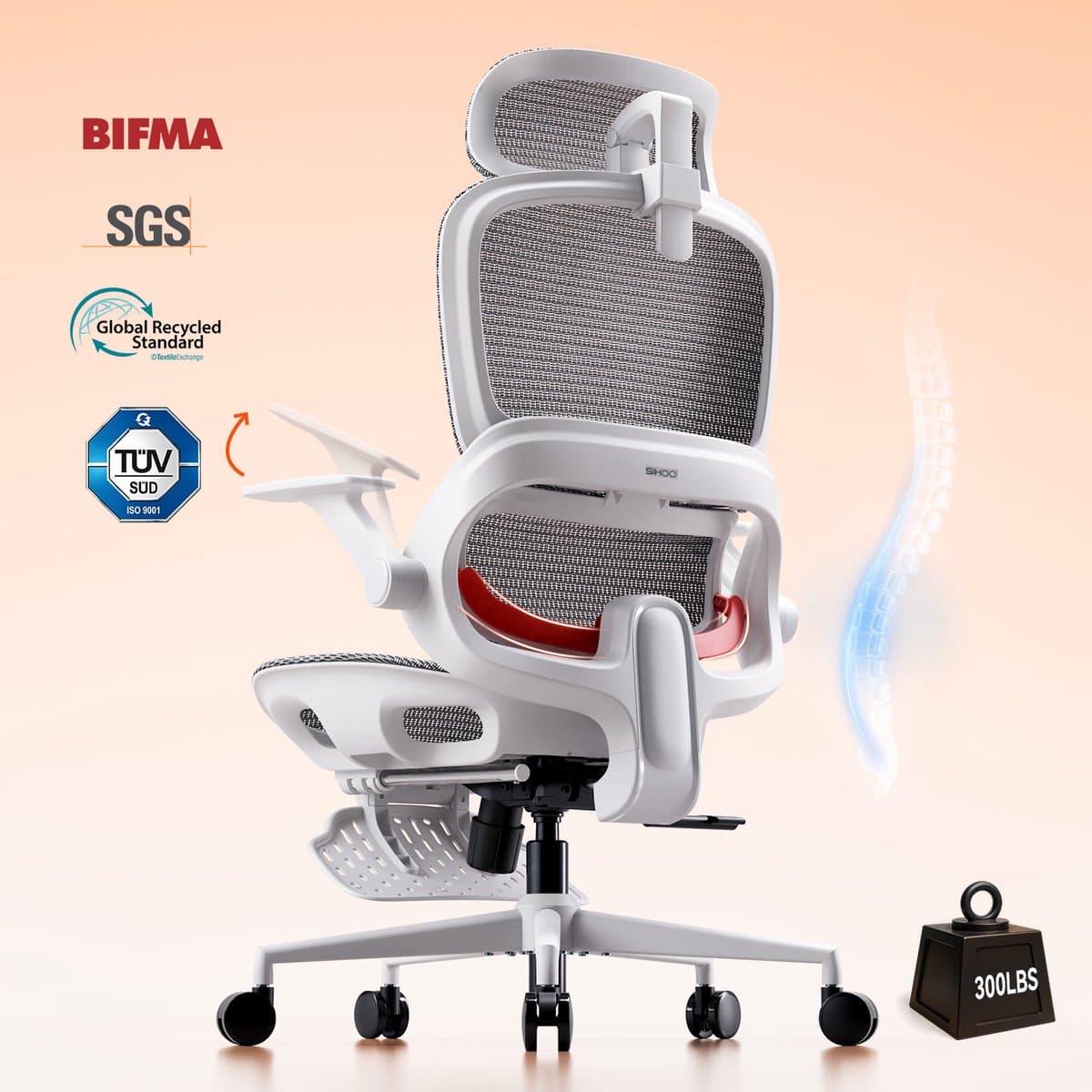 SIHOO B100 Ergonomische Bureaustoel met Voetsteun - Adaptieve Dynamische Lumbale Steun - Ademende Mesh - Ophoudbare Armsteunen - Grijs