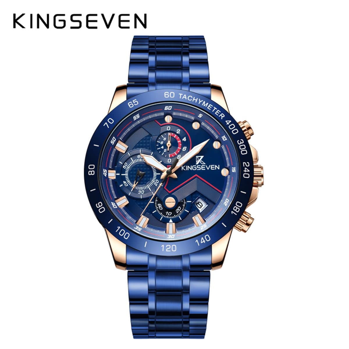 KINGSEVEN Herenhorloge 9618 – Blauw-Rosegoud – Quartz – Roestvrij Staal – Vouwsluiting – Datum Aanduiding – Luxe Design – Waterbestendig – Elegant