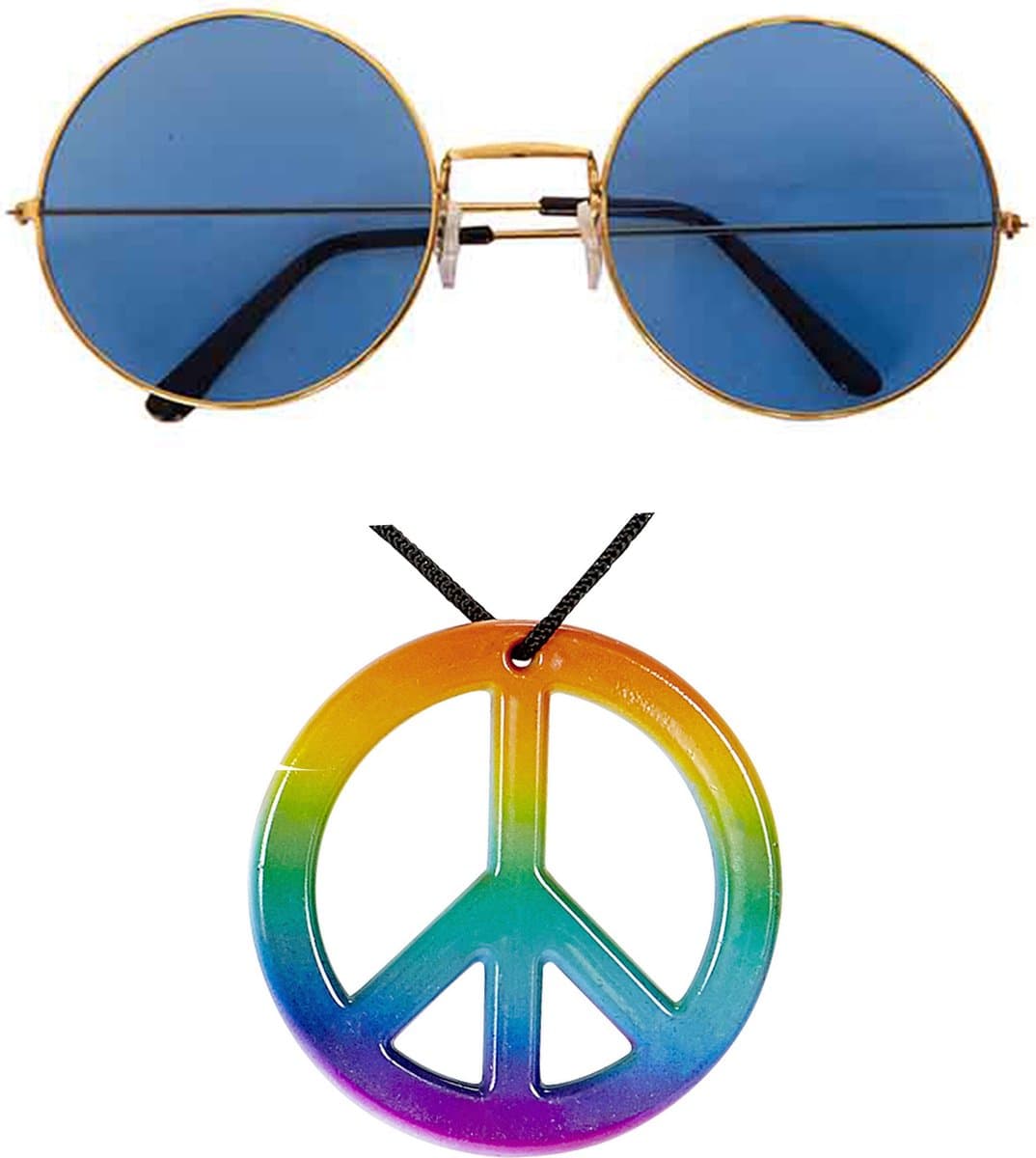 Widmann - Hippie Flower Power verkleed set peace ketting en blauwe party bril