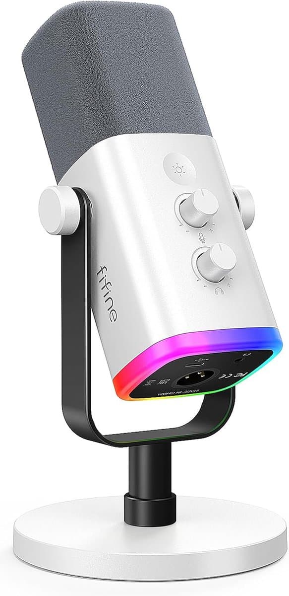 FIFINE AM8 - Gaming Microfoon Dynamische - Podcast Streaming PC PS4 PS5 - Ruisonderdrukking - Touch Mute Knop - USB RGB - Wit