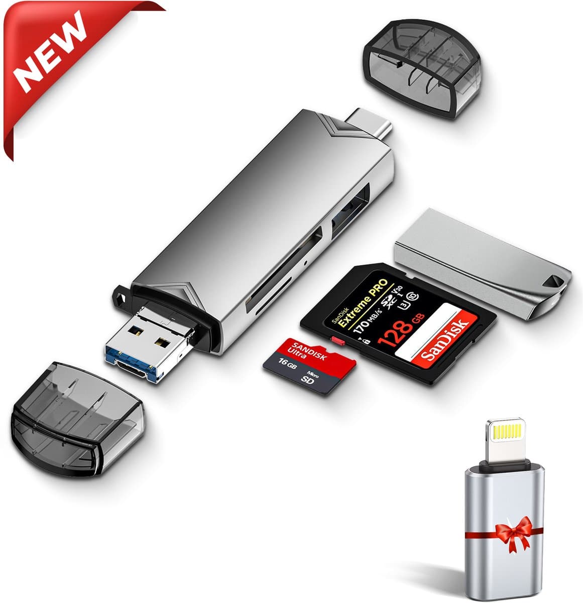 Narlix SD kaart lezer - Card reader - SD kaart lezer - 3 in 1 - SD / Micro SD / TF Card Reader - Geschikt voor Macbook Pro / Air / Windows / Universeel - Inclusief USB C naar lightning converter