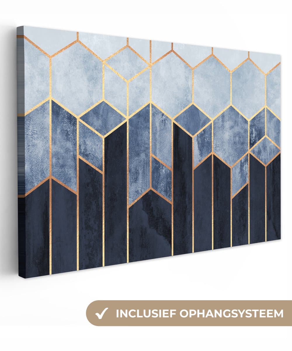Canvas schilderij 90x60 cm - Wanddecoratie Hexagon - Gold - Luxe - Patronen - Muurdecoratie woonkamer - Slaapkamer decoratie - Kamer accessoires - Schilderijen op canvas