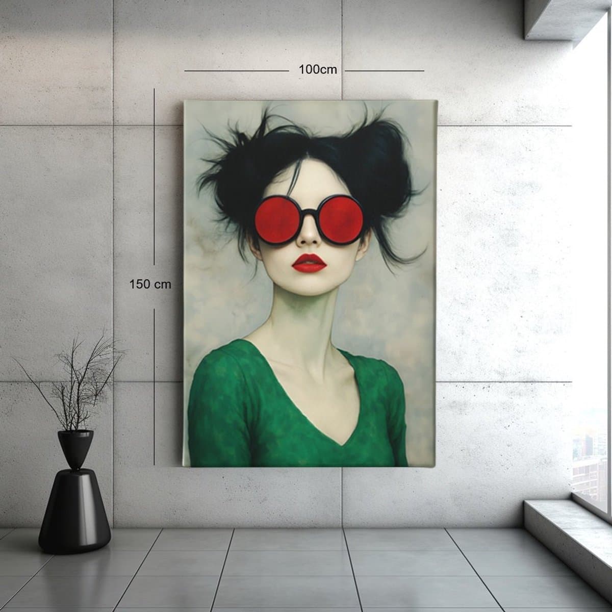 Canvas Schilderij - Vrouw met Rode Zonnebril - 150x100x2 cm
