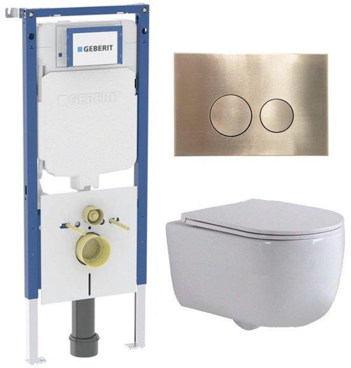 QeramiQ Dely Swirl Toiletset - 36.3x51.7cm - Geberit UP720 Duofix Sigma inbouwreservoir -slim zitting - geborsteld messing bedieningsplaat - ronde knoppen - wit glans