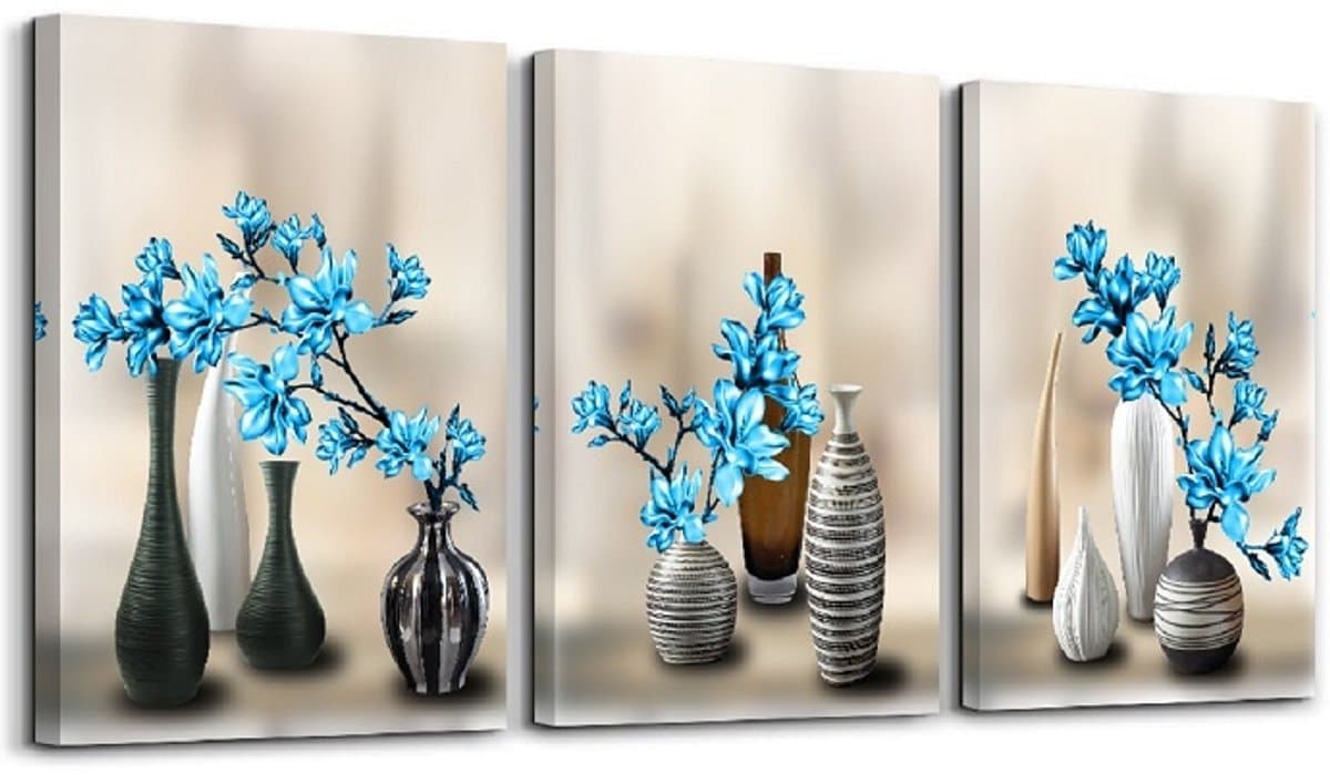 Schilderij - Vazen met blauwe bloemen, 120x80cm, 3 luik