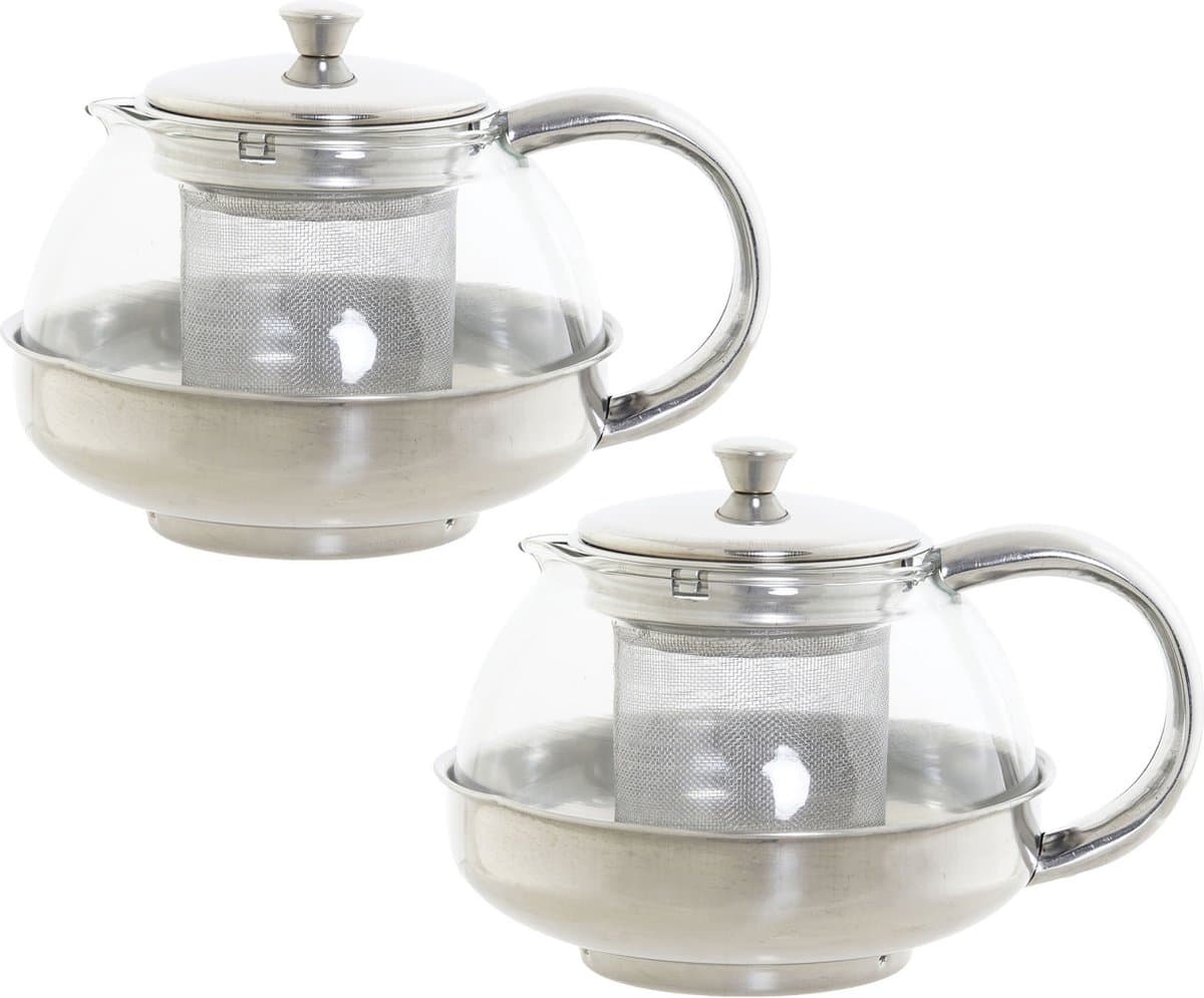 Set van 2x stuks theepotten van glas en RVS 600 ml met filter/infuser en handvat