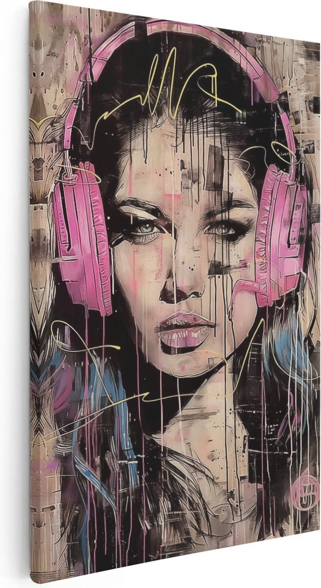 Artaza Canvas Schilderij Meisje met Roze Koptelefoon - 40x60 cm - Wanddecoratie Woonkamer - Schilderijen - Muurdecoratie