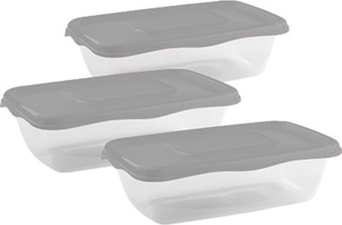 Hega Hogar Vershoudbakjes - set 3x stuks - 0.9 liter - transparant/grijs - L20 x B12 x H8 cm - Mealprep - Maaltijden bewaren
