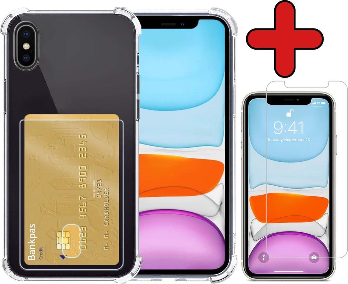 Hoesje - Geschikt voor Apple iPhone Xs - Met Screenprotector - Pashouder - Kaarthouder - Back Cover - Telefoon Hoes Shockproof - Siliconen Case - Shock Proof - Pasjes Houder - Telefoonhoes - Transparant