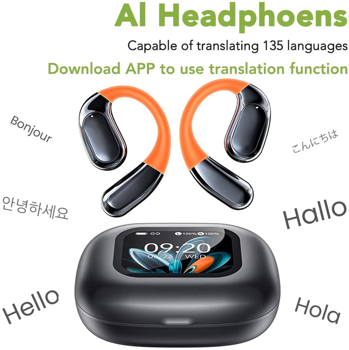 Open-Ear Sport Koptelefoon Bluetooth 5.4 – Draadloze Koptelefoon / Sport Oortjes OWS Headset met AI Vertaler & LCD Touchscreen