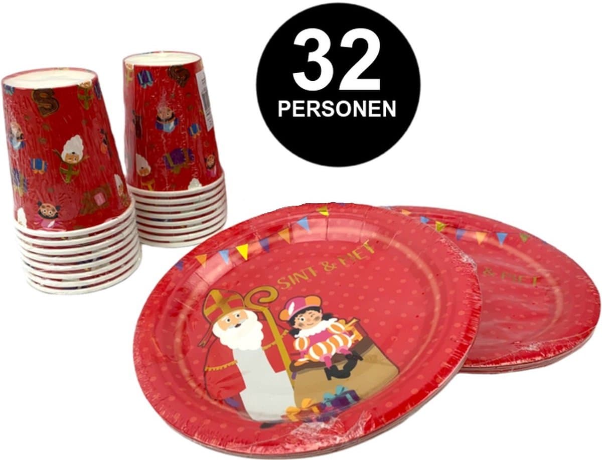 Sinterklaas wegwerp Servies Set - Borden en Bekers - 32 personen