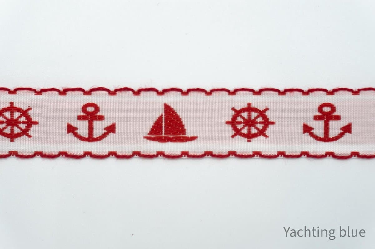 Geweven sierband - rood bootjes band - fournituren - lengte 2 meter - anker - stuurwiel - zeilboot - lint - stof - afwerkband - katoenen band - naaien - decoratieband -