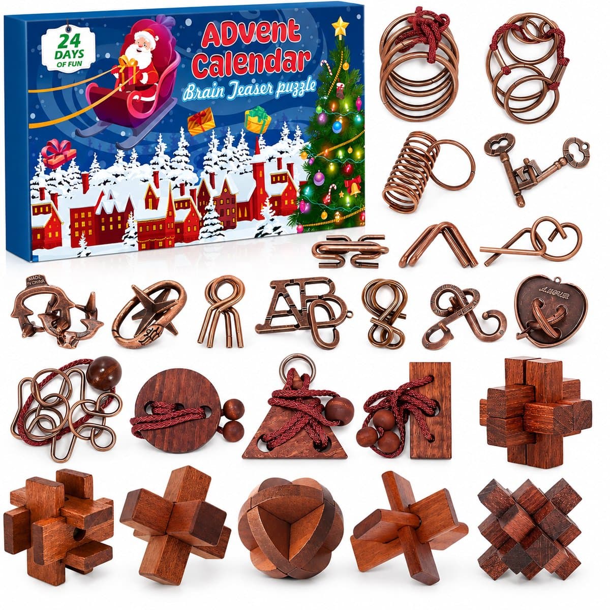 ZOSUDULL- Adventskalender 2026 - 24 unieke metalen en houten puzzels - Metalen puzzel - Breinbrekers - Adventskalender 2026 kinderen -Vanaf 6 jaar - Naturel-zilver