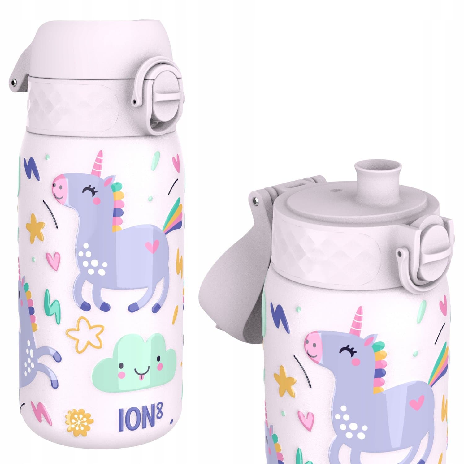 ION8 Kids drinkfles, staal 400 ml/13 oz, lekvrij, gemakkelijk te openen, veilige vergrendeling, vaatwasmachinebestendig, flipdeksel, draaghendel, eenvoudig te reinigen, duurzame metalen drinkfles, reliëfprint, Eenhoorns