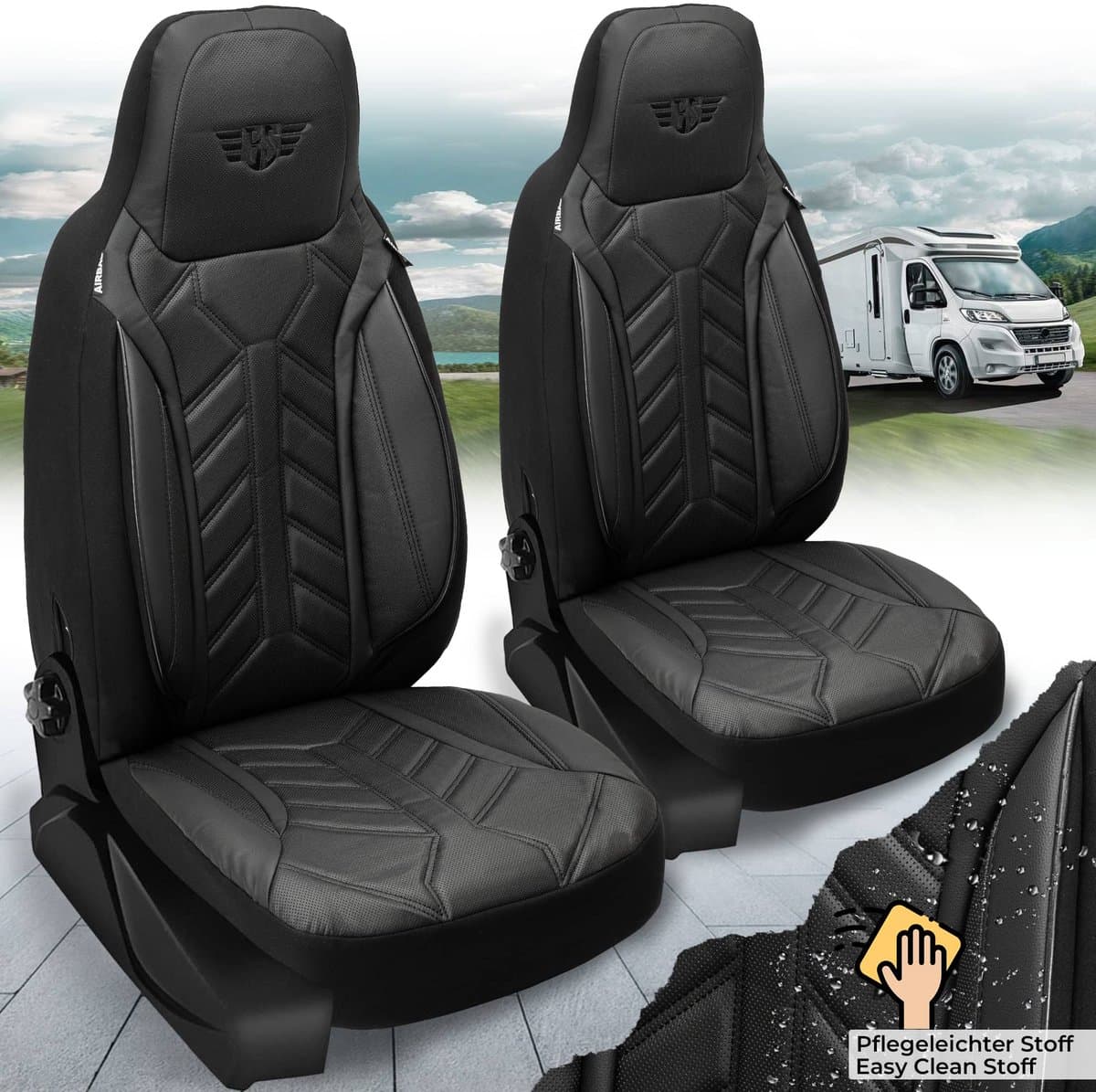 Premium Camper stoelhoezen voor Bürstner Eliseo Active DPL504 in Zwart (2 losse stoelen)