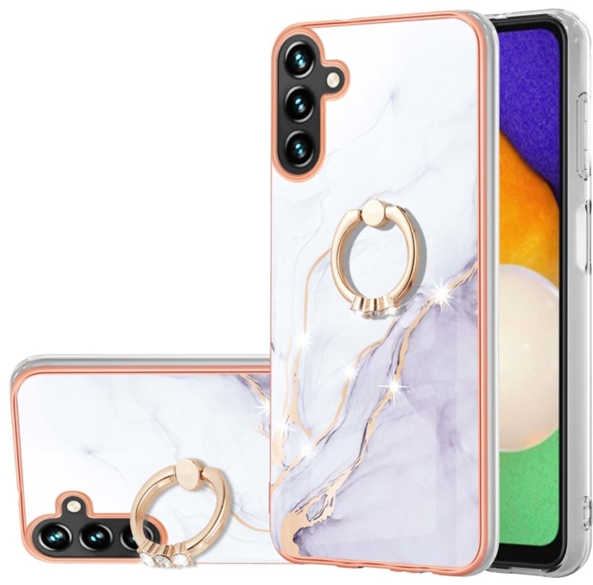 Voor Samsung Galaxy A55 Galvaniseren Marmer IMD TPU Telefoonhoesje met Ringhouder (Wit 006)