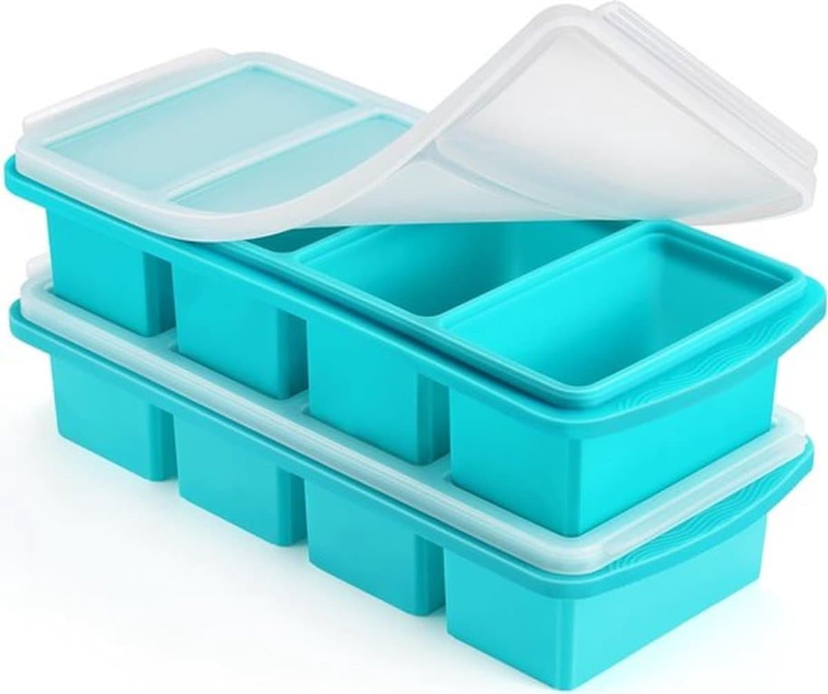 Siliconen diepvriesbak met deksel - 1 kopje siliconen diepvriesbak - grote ijsblokjesvormpjes - soep, saus, restjes, zelfgemaakte maaltijdvoorbereiding, invriescontainers voor de keuken - 2-pack