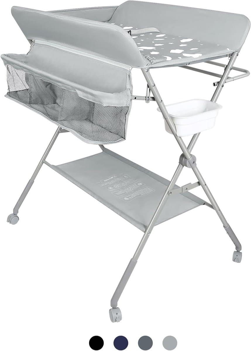 Baby Verschoontafel - Mobiel Babymeubel - Babyverzorging Thuis - Inklapbaar met Wielen - 80x58x90cm - Lichtgrijs