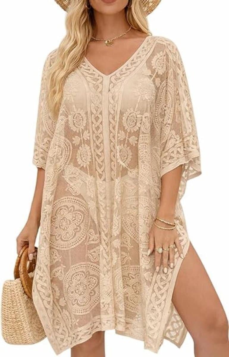 Strandjurk Dames - Gehaakte Badkleding Cover Up - Ademend & Lichtgewicht - Boho Zomerjurk - Bikini Cover Up- Vintage Strandjurk - Comfortabel Ademend Polyester - Sexy strand jurkje - Zwemjurk - Vrouwen - V-hals voor vakanties en feestjes - Khaki