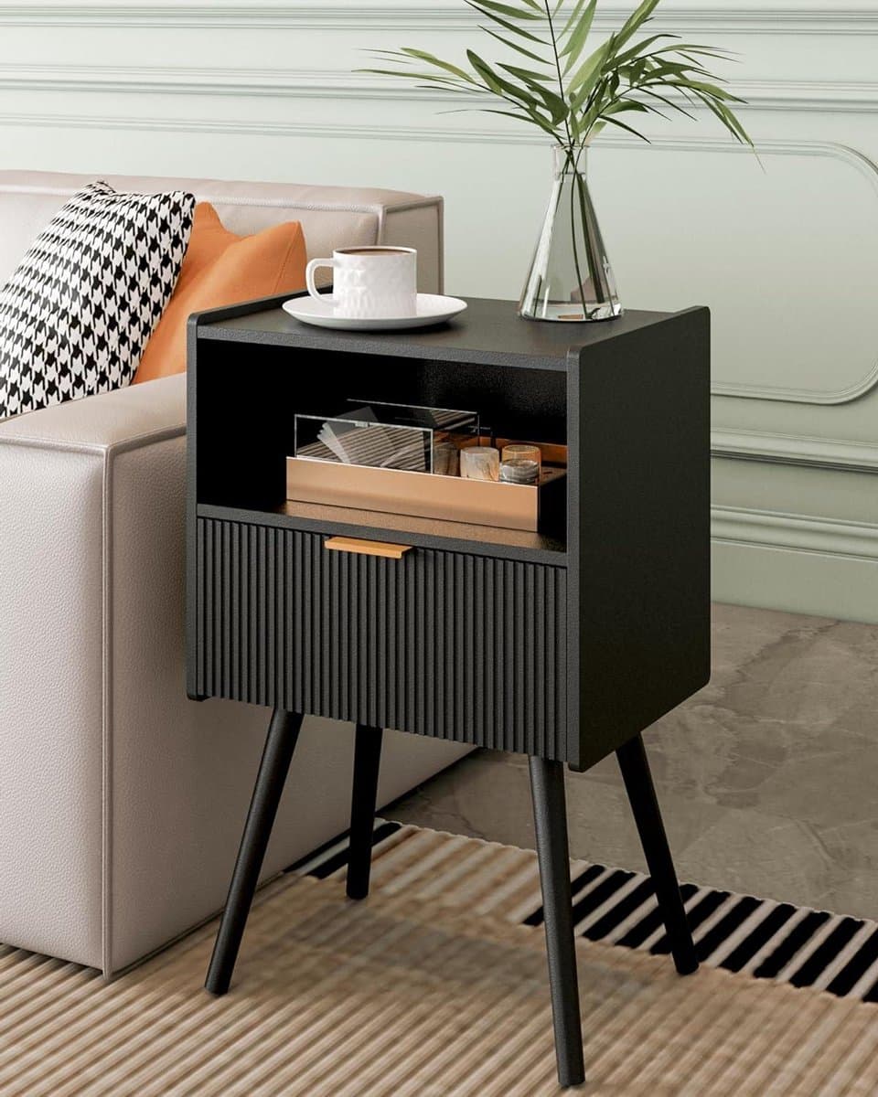Nachtkastje met Lade - Bijzettafel Slaapkamer - Opbergen en Decoreren - Massief Houten Poten