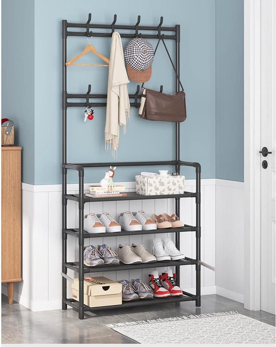 Vrijstaande Kapstok - Schoenenrek Hal - Huis Organiseren - 8 Haken 4 Niveaus - 80x26x155 cm - Zwart