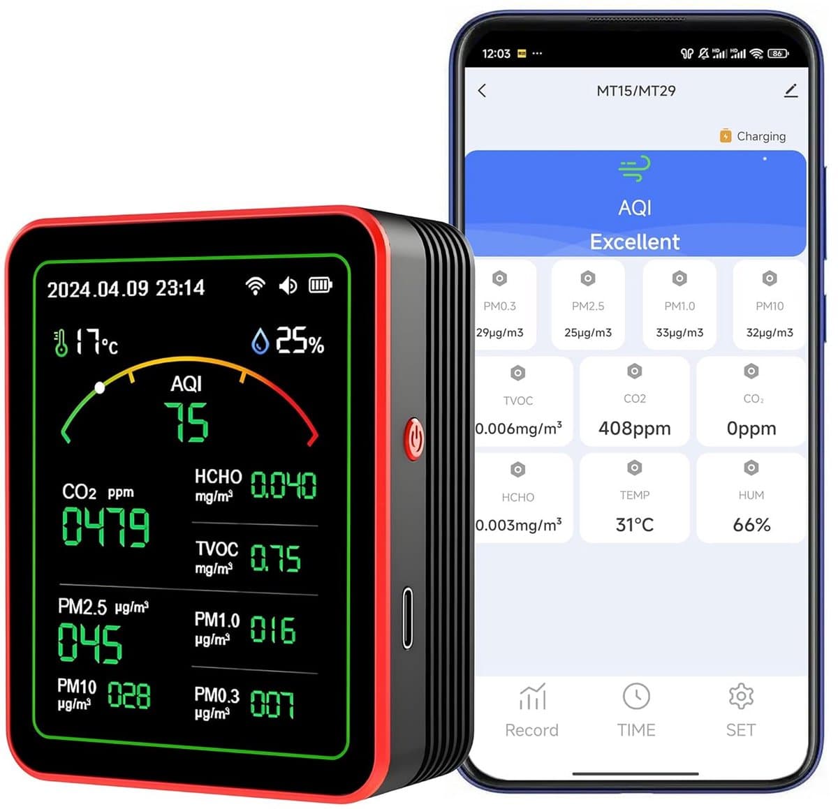 Luchtkwaliteitsmonitor - Luchtmeter - Binnenlucht Meten - 15-in-1 Metingen - 9x7x3.5 cm - Zwart
