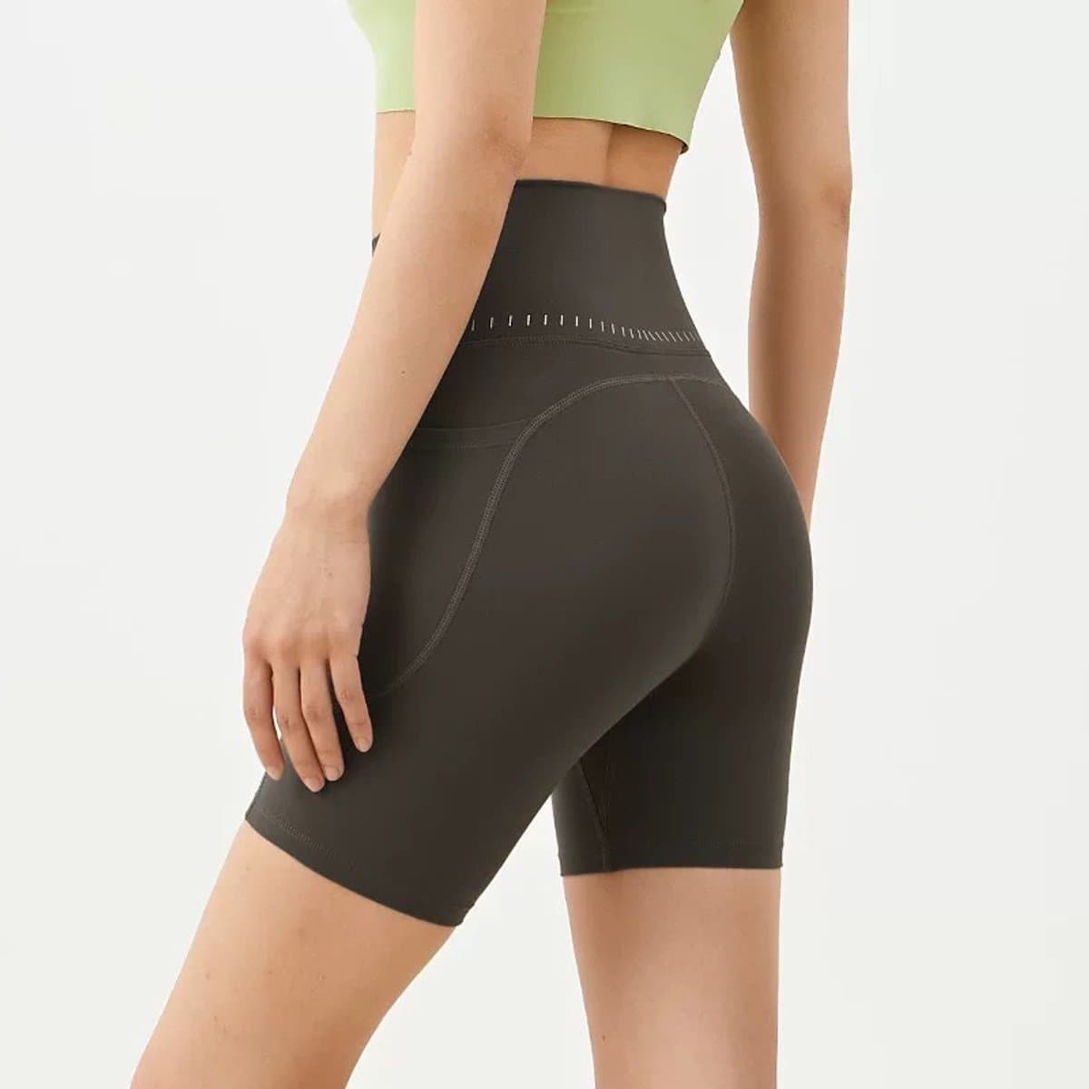 Dames yogashort-hoog taille-naadloos-heupvormend-met zakjes-buiten sporttraining-fitnessshort-draagbaar buitenhuis-Steengrijs— M