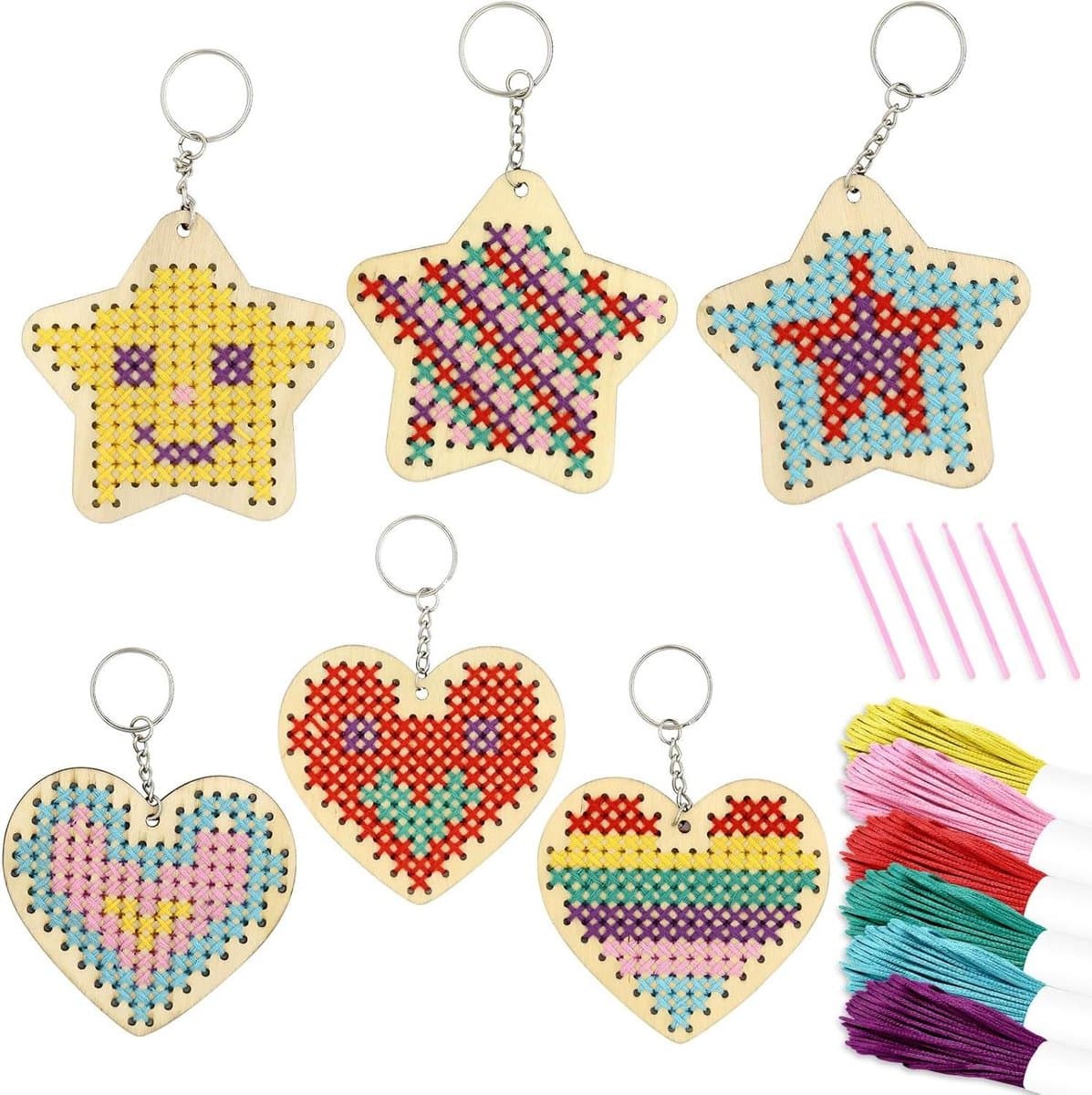 Houten Kruissteek Kits - Sleutelhanger Knutselen - Beginners Borduren - Voorgeperforeerde Gaten - 6 Delige Set - Ster Hart