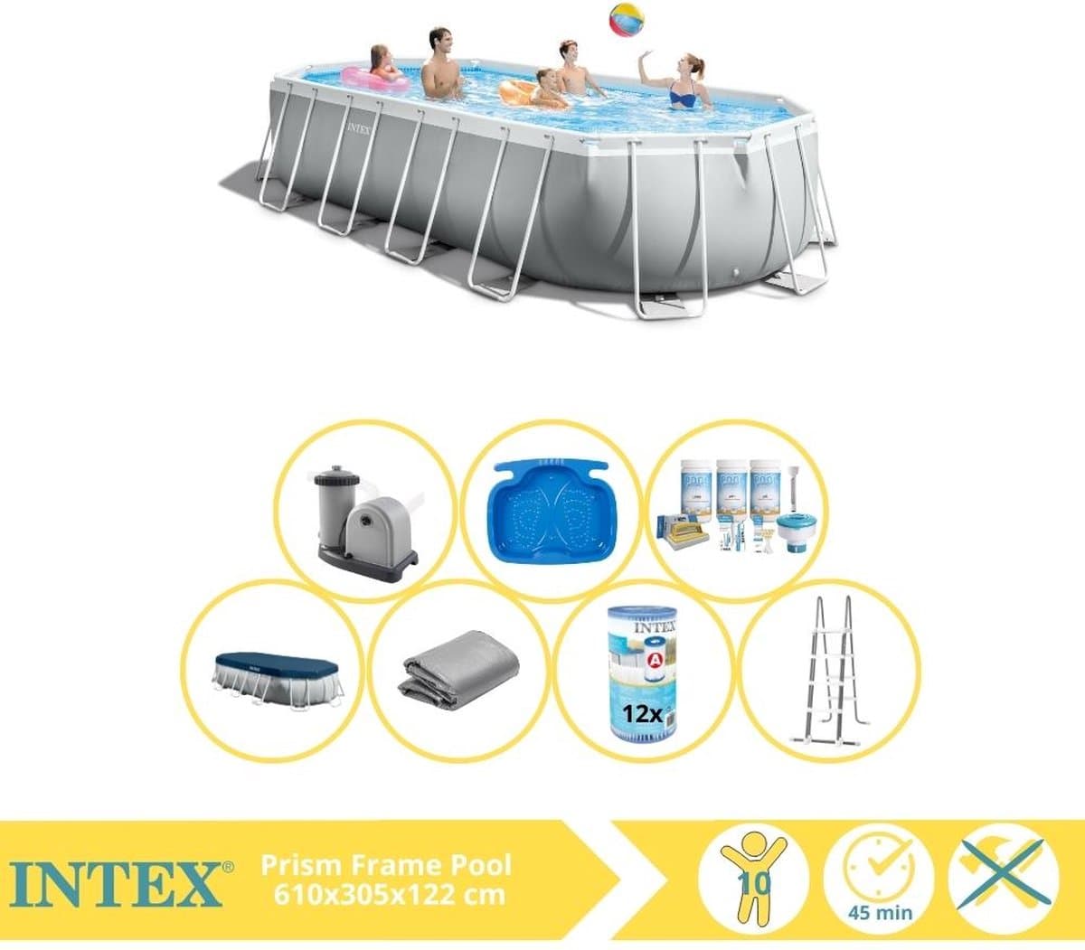 Intex Prism Frame Zwembad - Opzetzwembad - 610x305x122 cm - Inclusief Onderhoudspakket, Filter en Voetenbad