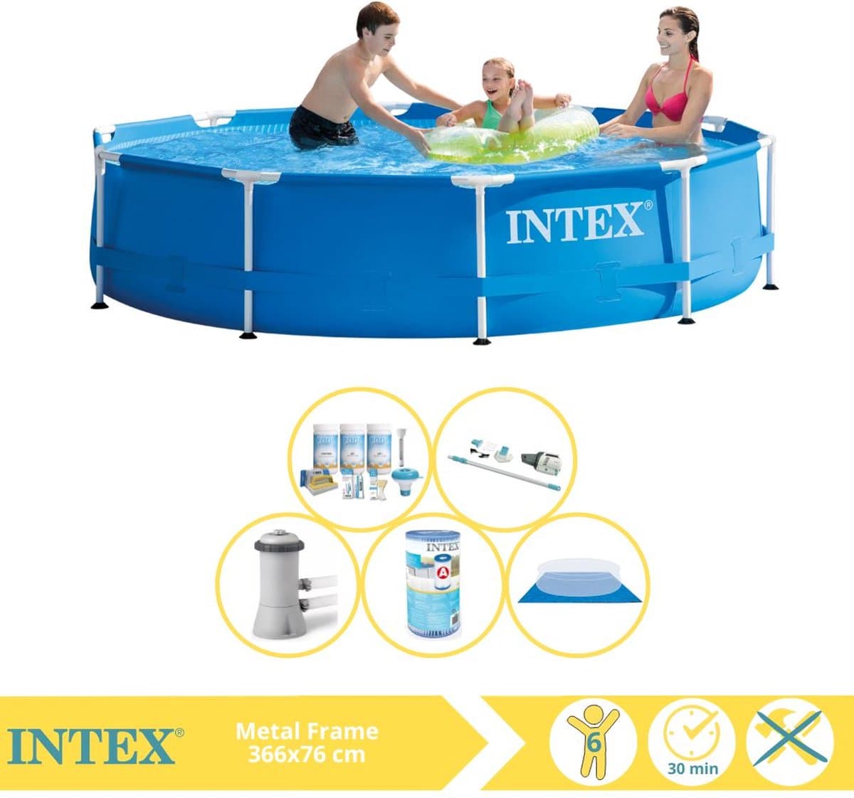 Intex Metal Frame Zwembad - Opzetzwembad - 366x76 cm - Inclusief Onderhoudspakket, Filter, Grondzeil en Stofzuiger